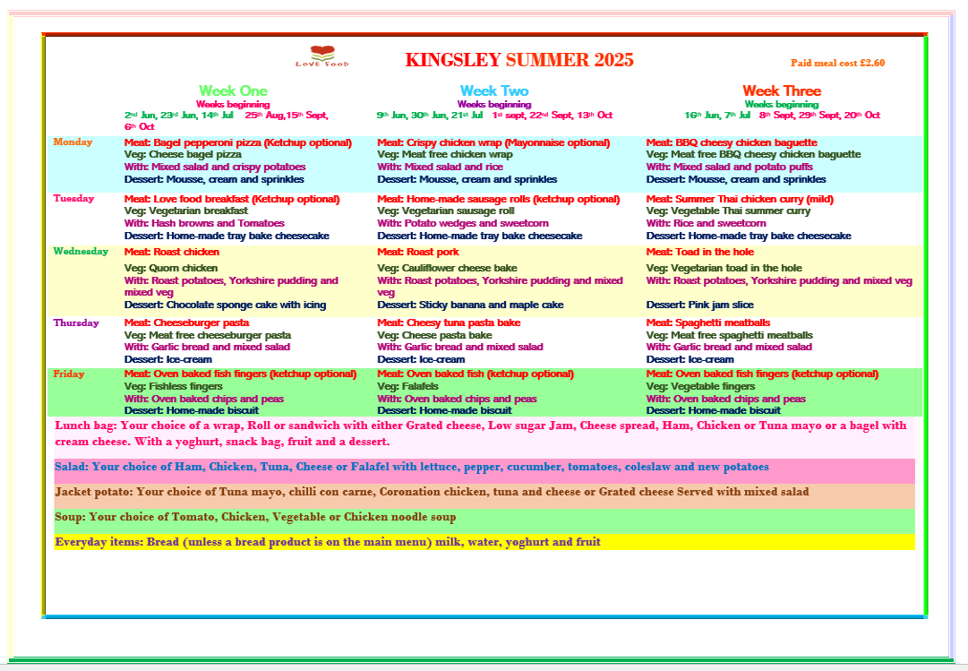 Summer Love Food Menu for Kingsley Special Academy 