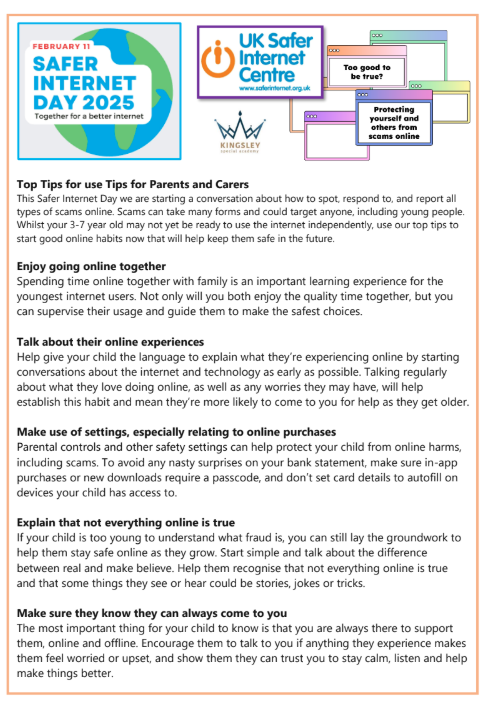 Safer internet day poster- with top tips for parents/careers